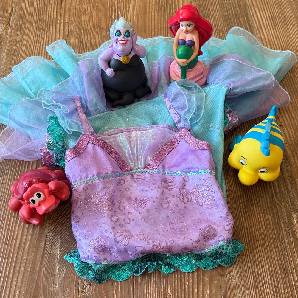 Disney Parks sz 4 Little Mermaid dress costume & plastic little mermaid figures